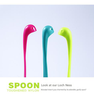 Blue Nessie Ladle beside pink and lime green monster-shaped ladles, each with a long curved neck and rounded head.