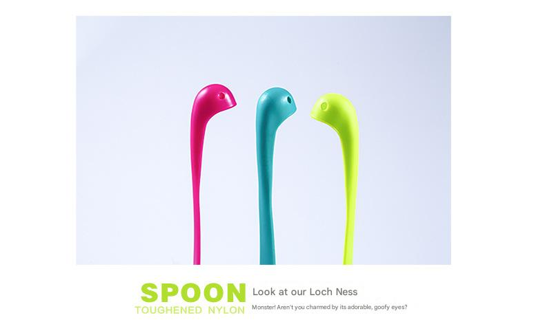 Blue Nessie Ladle beside pink and lime green monster-shaped ladles, each with a long curved neck and rounded head.