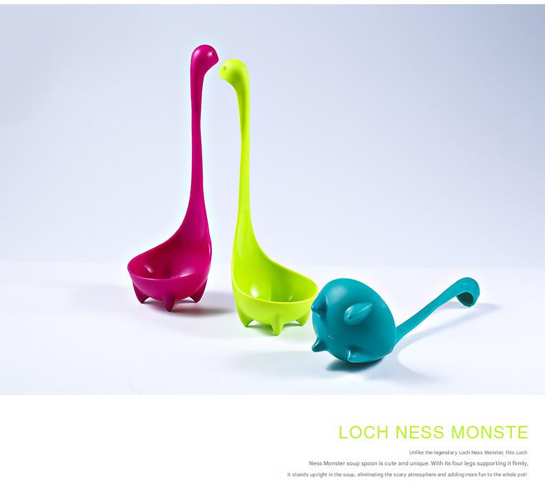 Blue Nessie Ladle in glossy teal nylon, shaped like a Loch Ness monster with a rounded bowl and long tail handle