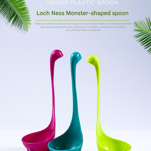 Blue Nessie Ladle with a teal Loch Ness monster shape, long curved neck, deep bowl and small feet, shown with pink and lime versions