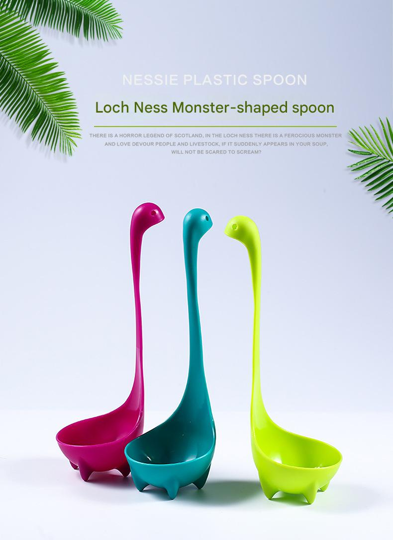 Blue Nessie Ladle with a teal Loch Ness monster shape, long curved neck, deep bowl and small feet, shown with pink and lime versions