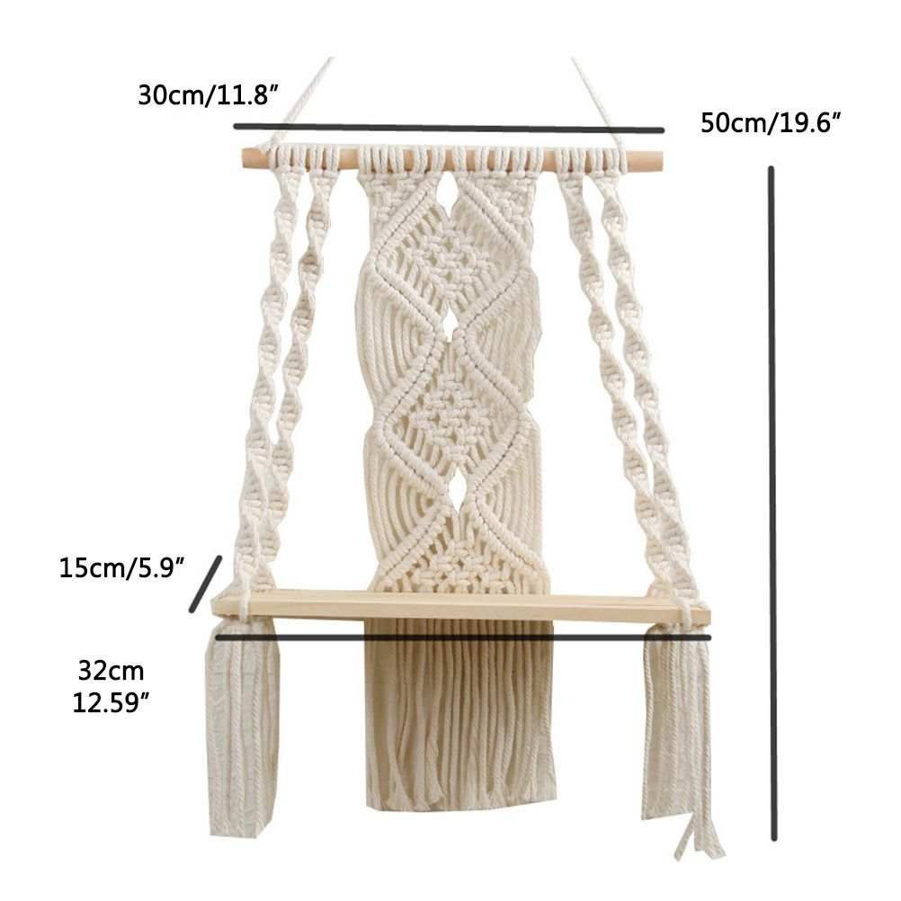 Boho Macrame Wall Hanging Shelf with cream cotton rope, intricate knotted weave, and a light wood shelf