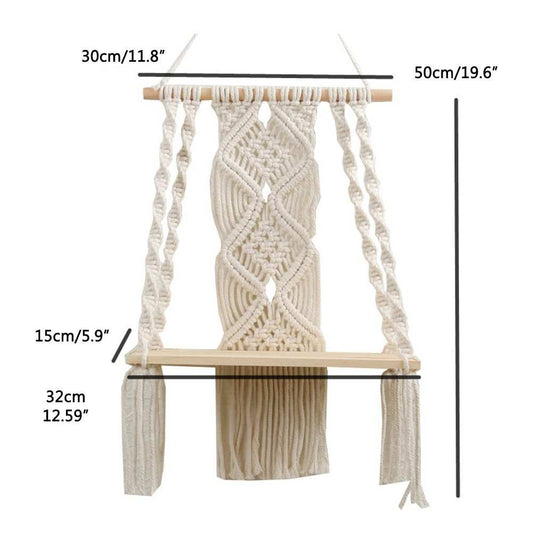 Boho Macrame Wall Hanging Shelf with cream cotton rope, intricate knotted weave, and a light wood shelf