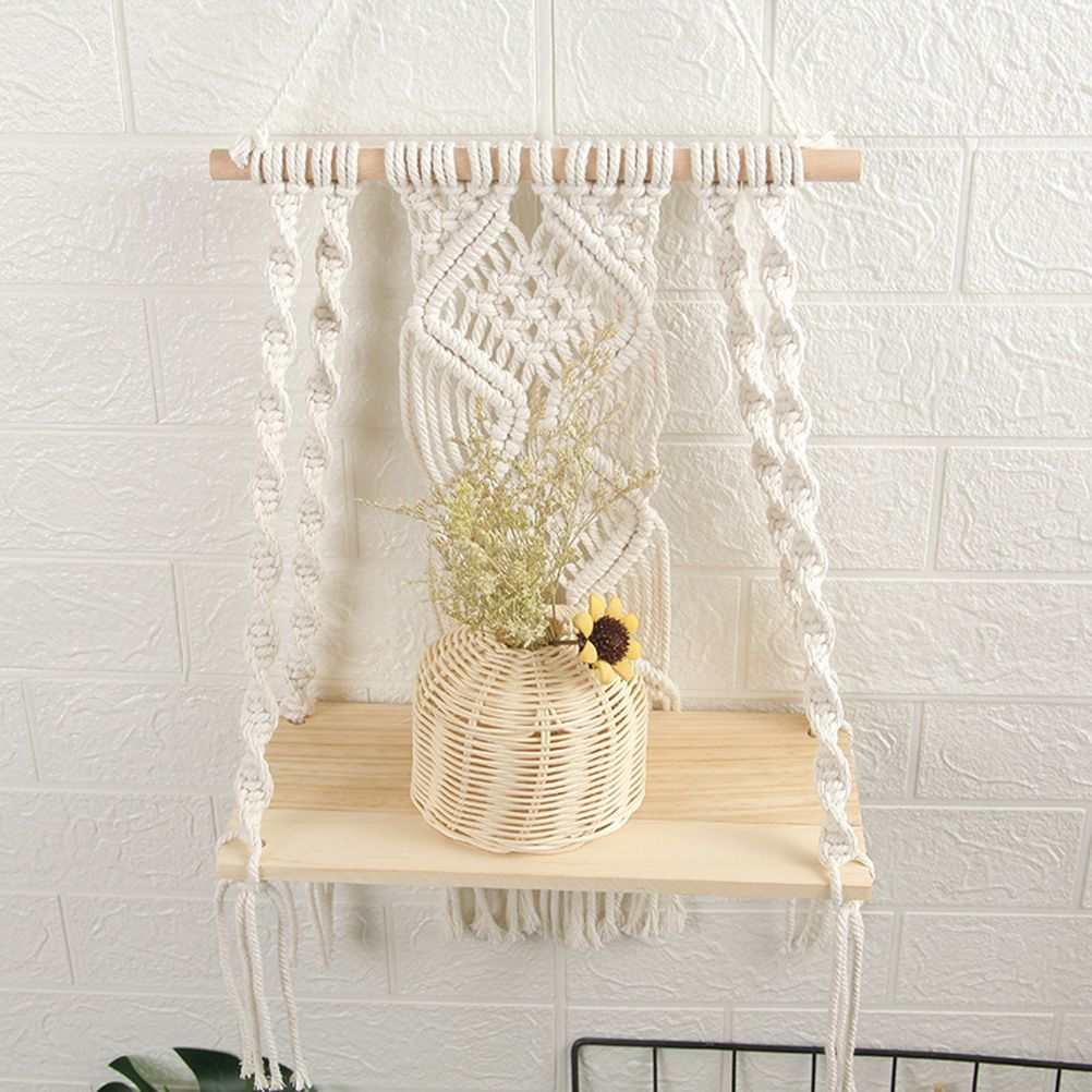 Boho Macrame Wall Hanging Shelf with cream cotton rope knots, natural wood dowel and light wooden shelf