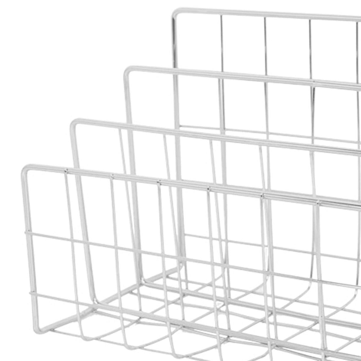 Book Sorter File Magazine in silver iron wire, featuring four stepped upright compartments to hold books and files.