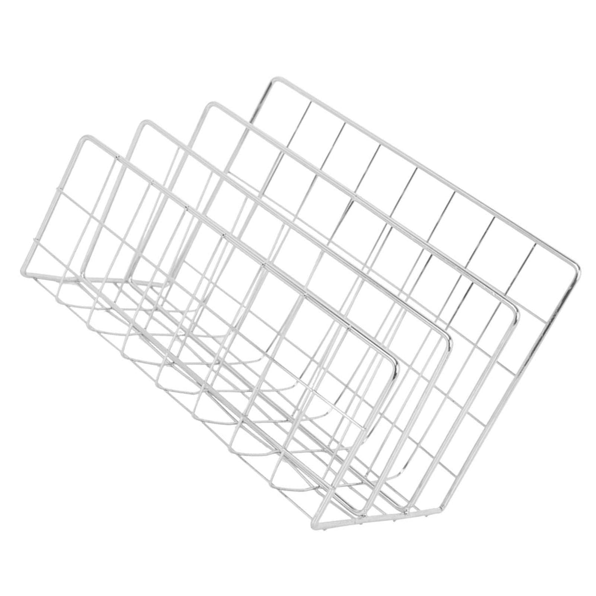 Book Sorter File Magazine, silver iron wire organizer with three slanted compartments and open grid sides