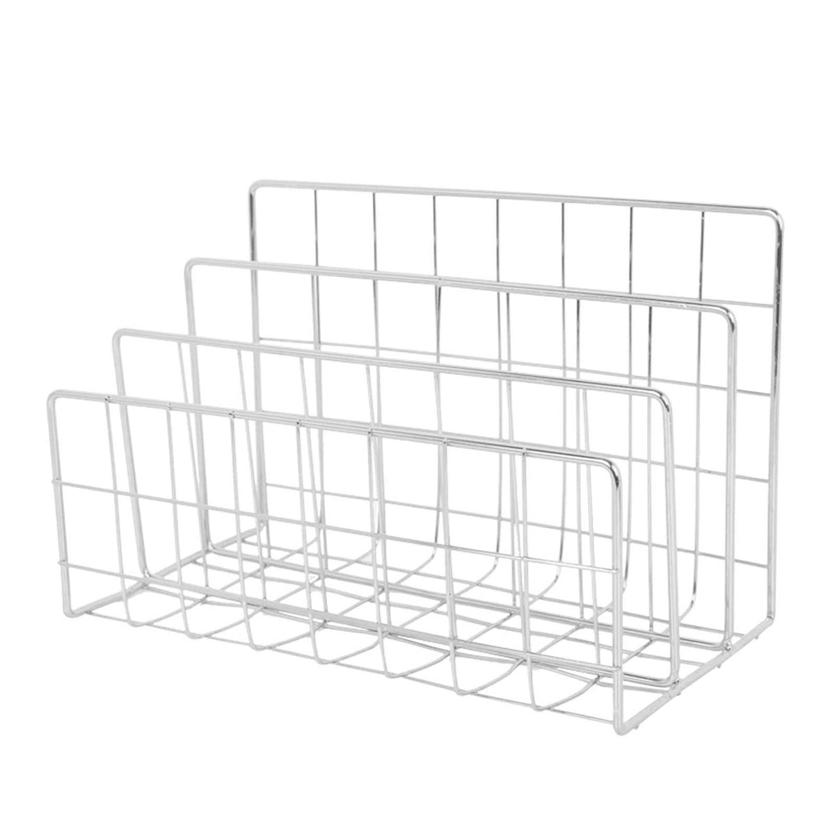 Book Sorter File Magazine rack in silver iron wire, with four tiered upright compartments for organizing books and files