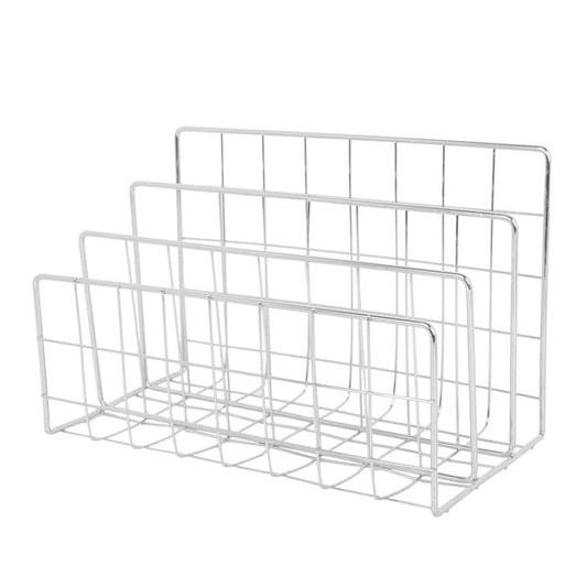 Book Sorter File Magazine rack in silver iron wire, with four tiered upright compartments for organizing books and files