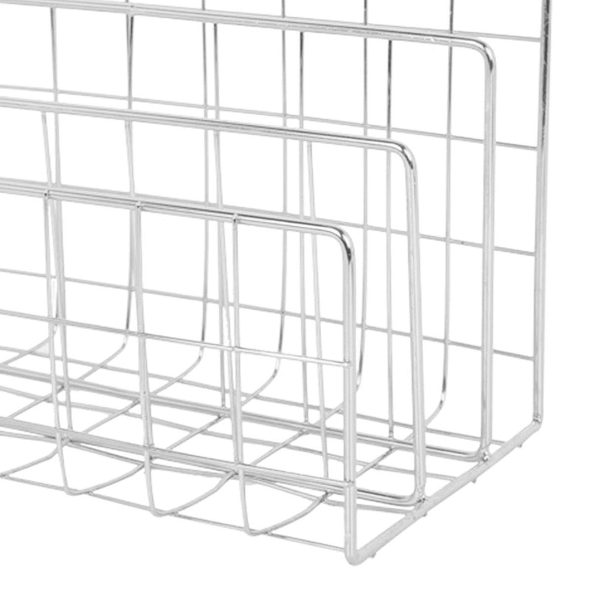 Book Sorter File Magazine in shiny silver iron wire, with three upright compartments and a geometric grid design.