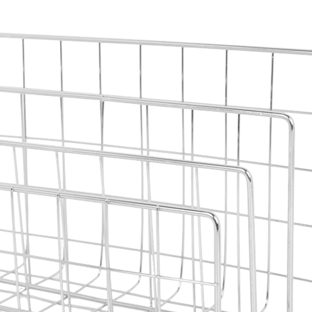 Book Sorter File Magazine in silver metal wire, featuring three graduated upright dividers and a rectangular grid base