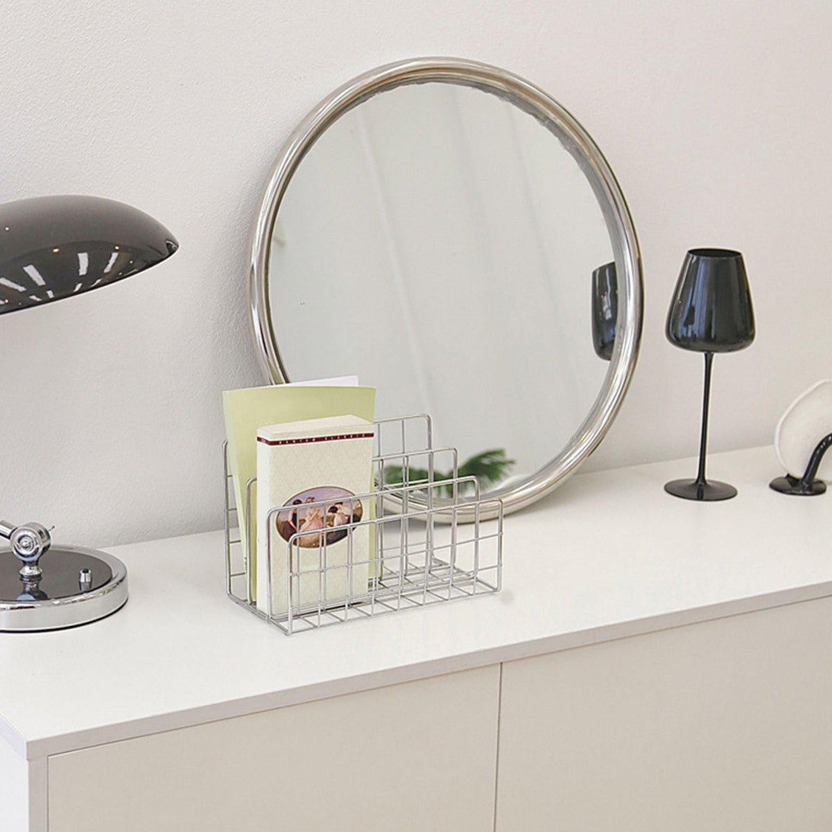 Book Sorter File Magazine organizer in silver metal wire, with an open grid design holding books and papers upright