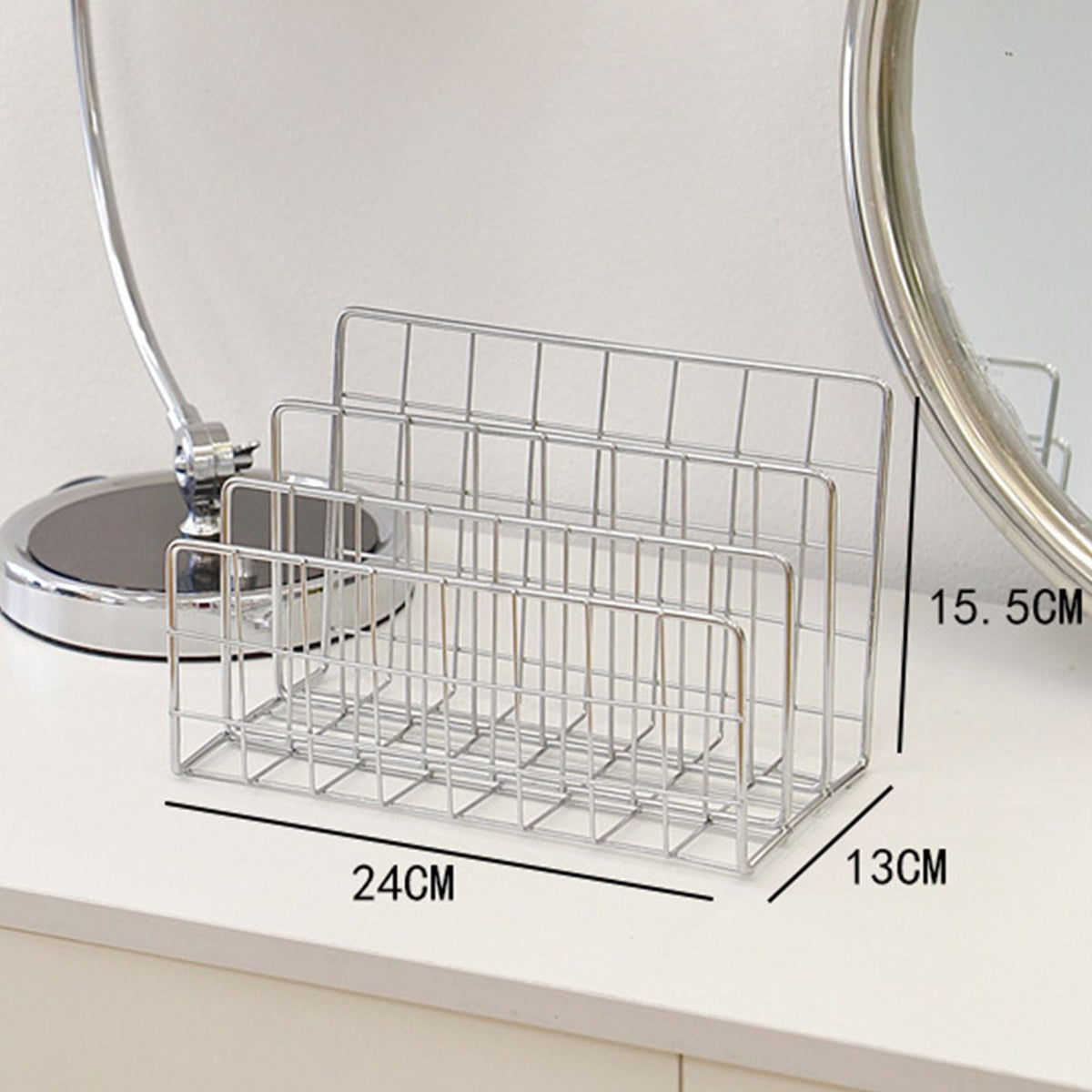 Book Sorter File Magazine in silver metal wire, with three upright compartments and open grid sides for organizing books