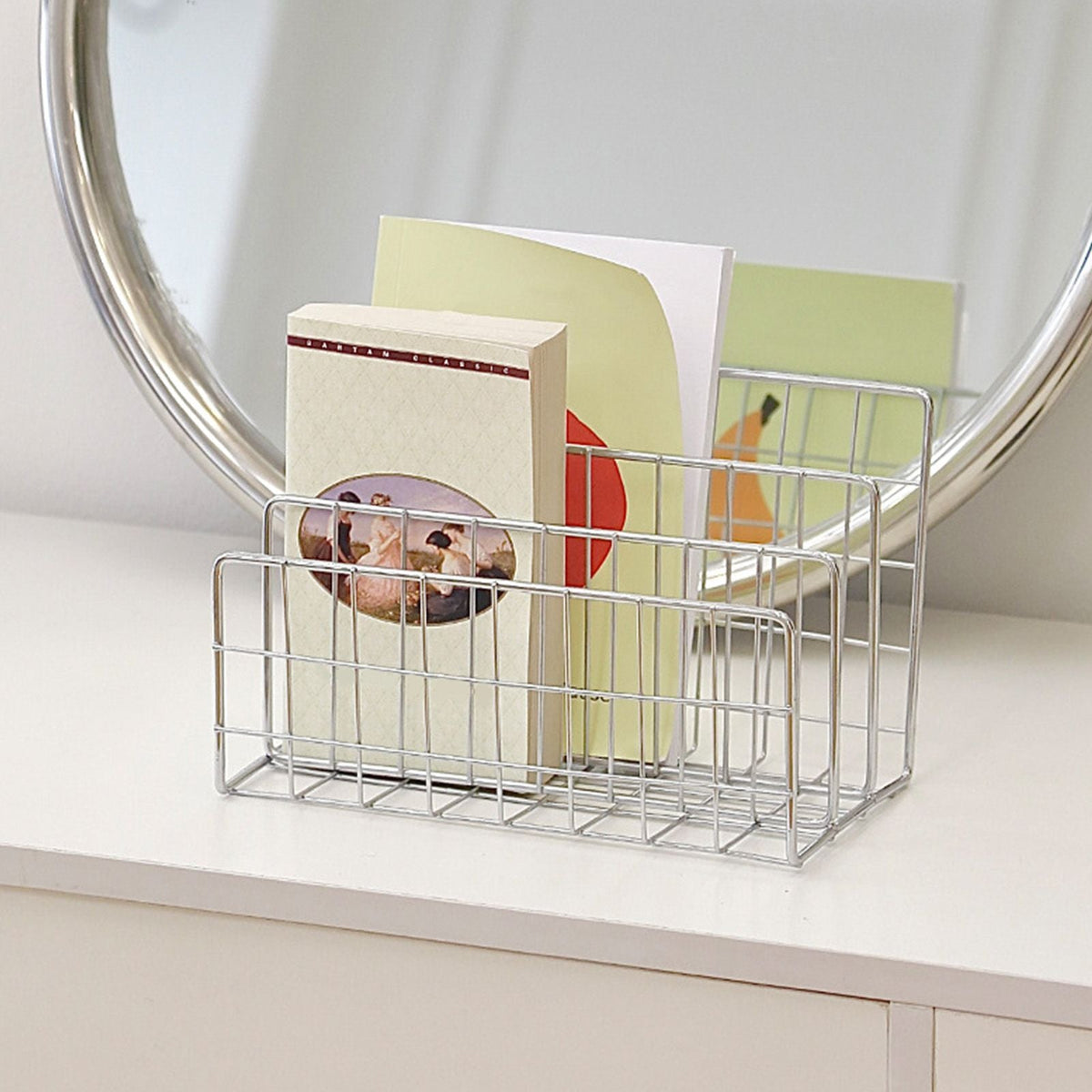 Book Sorter File Magazine organizer in silver wire metal with an open rectangular basket design holding upright books and papers