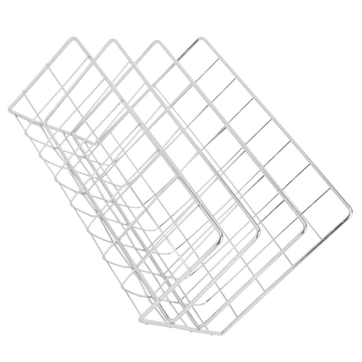 Book Sorter File Magazine rack in silver metal wire, with four slanted compartments and an open grid design