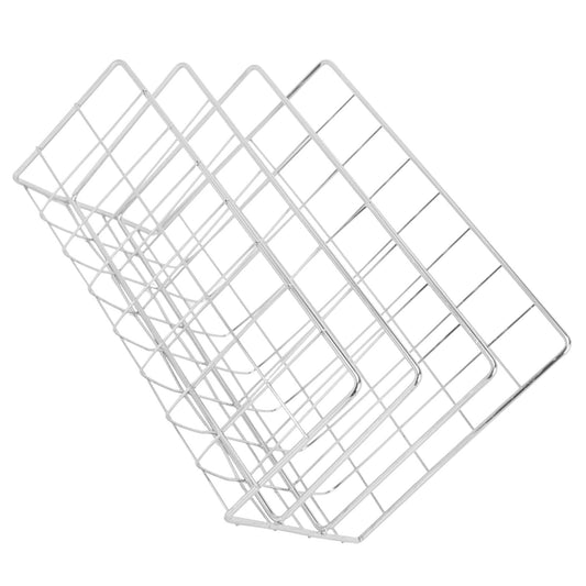 Book Sorter File Magazine rack in silver metal wire, with four slanted compartments and an open grid design