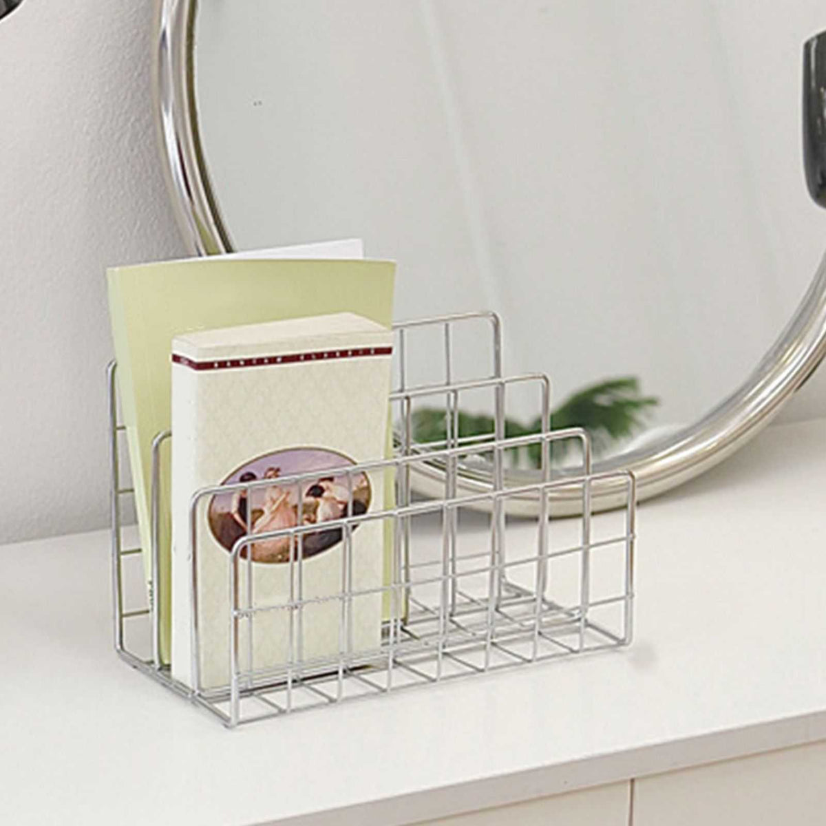 Book Sorter File Magazine organizer in silver wire metal, with a grid frame and upright dividers holding pale books