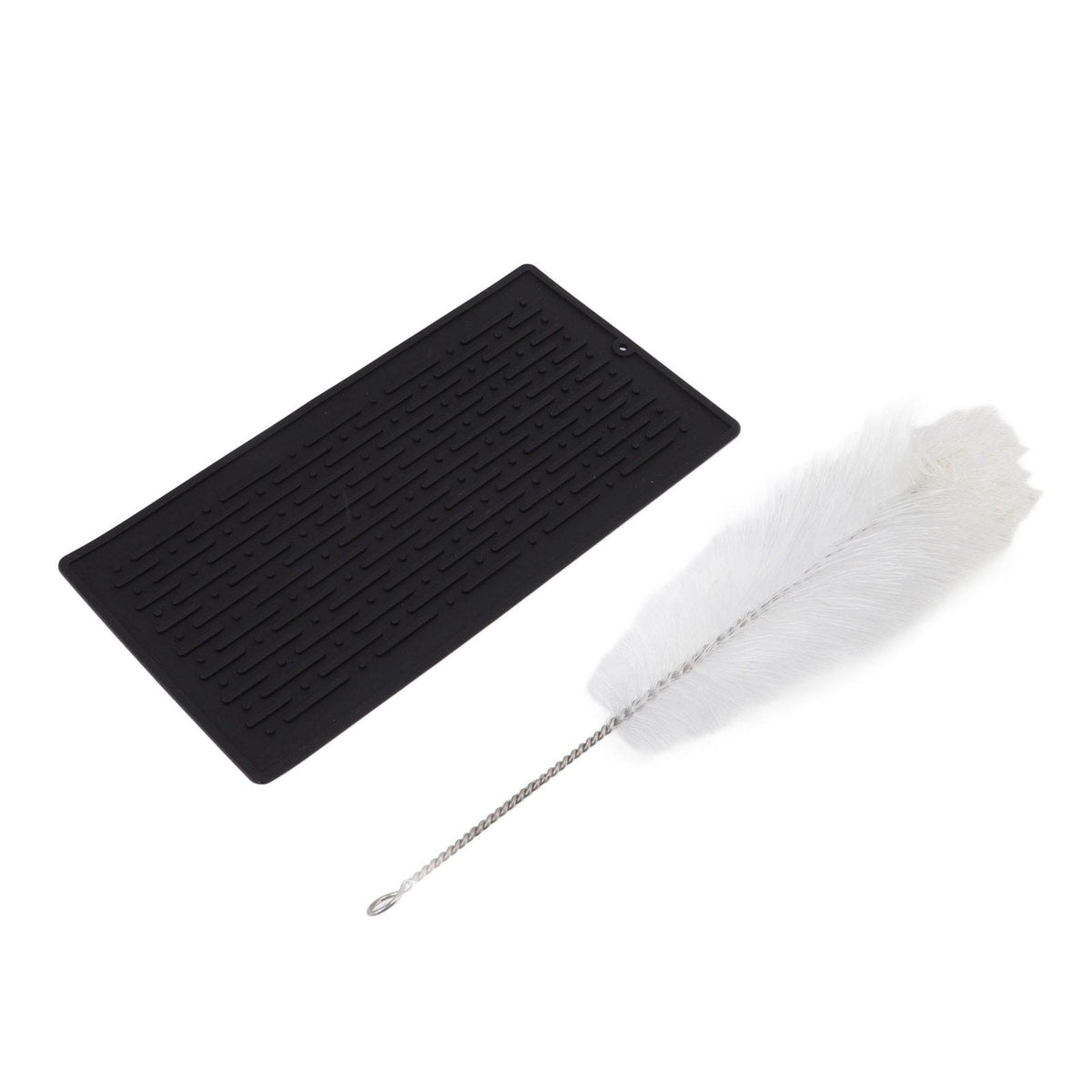 Bottle Drain Drying Rack with a black ridged silicone drainage pad and a white bottle-cleaning brush with metal handle