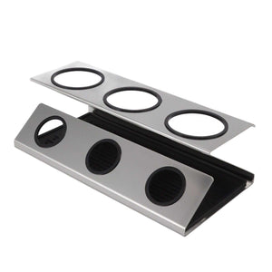 Bottle Drain Drying Rack in silver stainless steel with six circular black silicone-lined openings in two rows