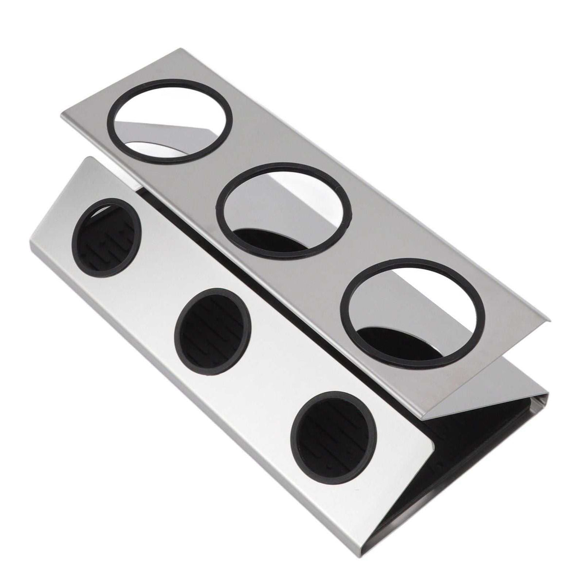 Bottle Drain Drying Rack in silver stainless steel with three large circular openings and black rimmed holes