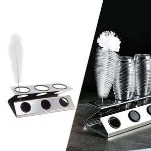 Bottle Drain Drying Rack in silver stainless steel with three circular bottle holders and a white cleaning brush