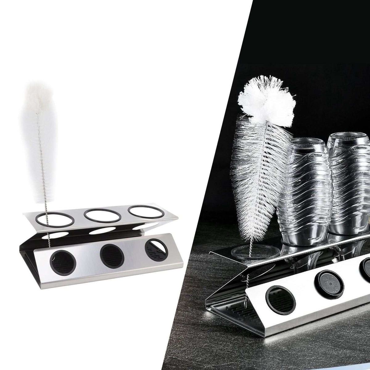 Bottle Drain Drying Rack in silver stainless steel with three circular bottle holders and a white cleaning brush