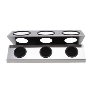 Bottle Drain Drying Rack in silver stainless steel with three circular holes and dark silicone inserts.
