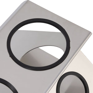 Bottle Drain Drying Rack featuring a silver stainless steel plate with large openings edged by black silicone rings