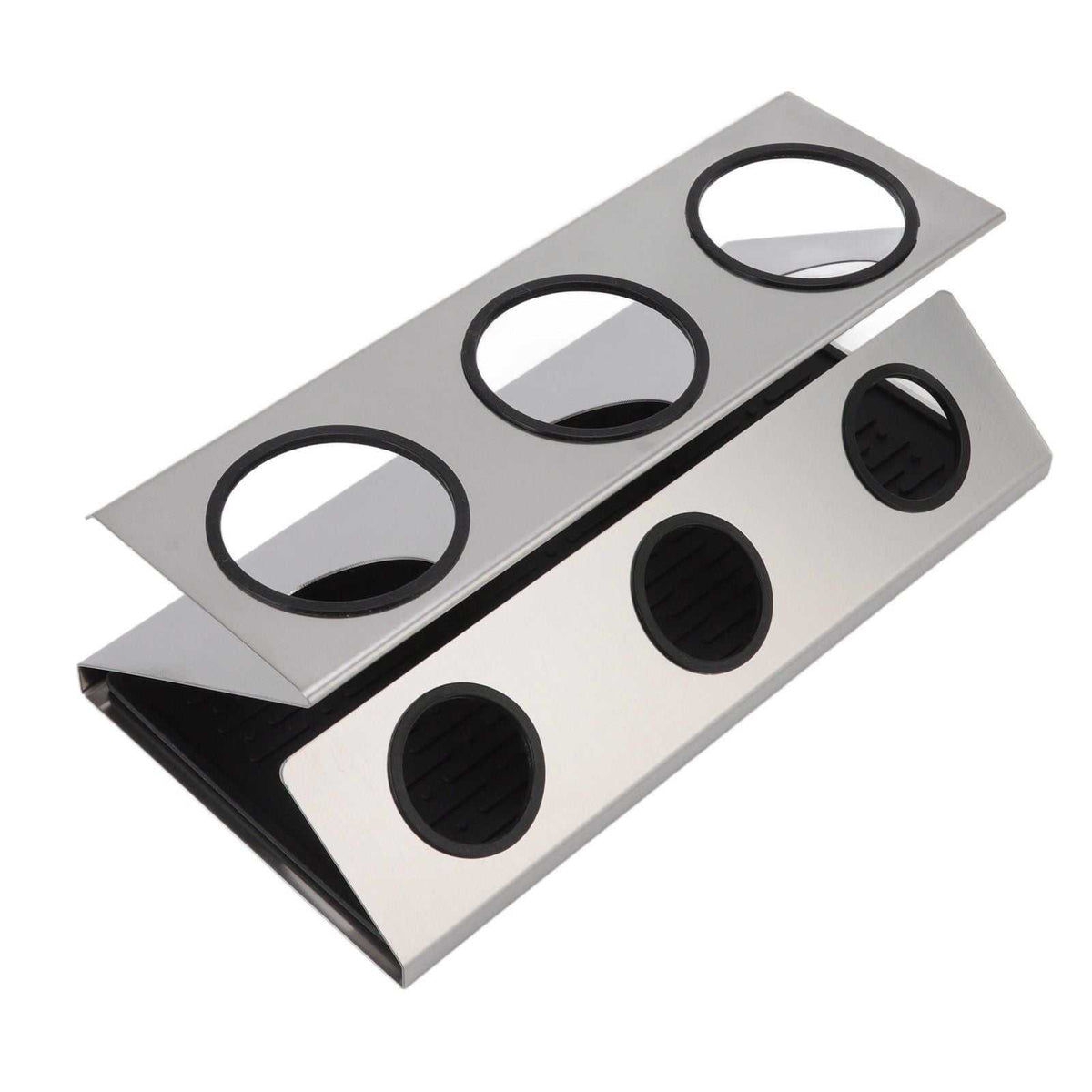 Bottle Drain Drying Rack in silver stainless steel, featuring three black-rimmed bottle holes and a folded stand