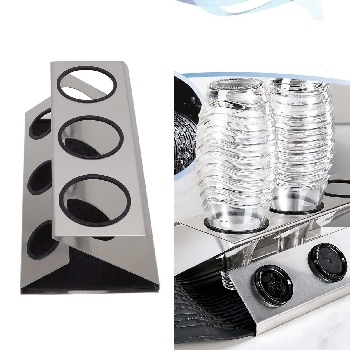 Bottle Drain Drying Rack with a silver stainless steel three-hole stand, shown holding clear bottles and black lids