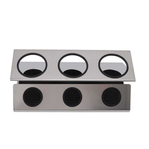 Bottle Drain Drying Rack in silver stainless steel with three circular openings and black silicone ring inserts.