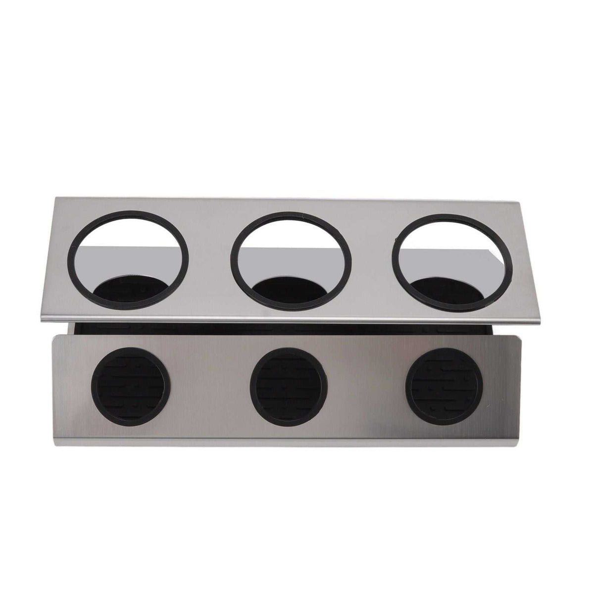Bottle Drain Drying Rack in silver stainless steel with three circular openings and black silicone ring inserts.