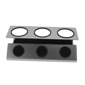 Bottle Drain Drying Rack in brushed silver stainless steel with three large holes and black removable silicone inserts