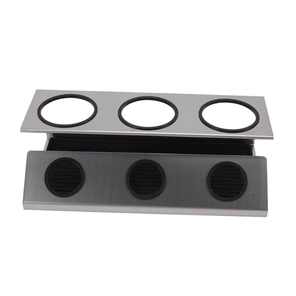 Bottle Drain Drying Rack in brushed silver stainless steel with three large holes and black removable silicone inserts
