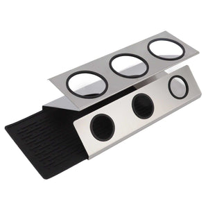 Bottle Drain Drying Rack in silver stainless steel with three black-rimmed bottle holes and a black silicone drip pad