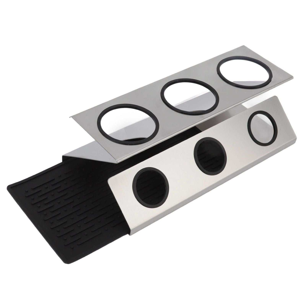 Bottle Drain Drying Rack in silver stainless steel with three black-rimmed bottle holes and a black silicone drip pad