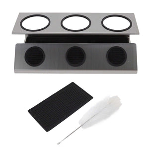 Bottle Drain Drying Rack in silver stainless steel with three circular bottle holders, black silicone drip tray and cleaning brush