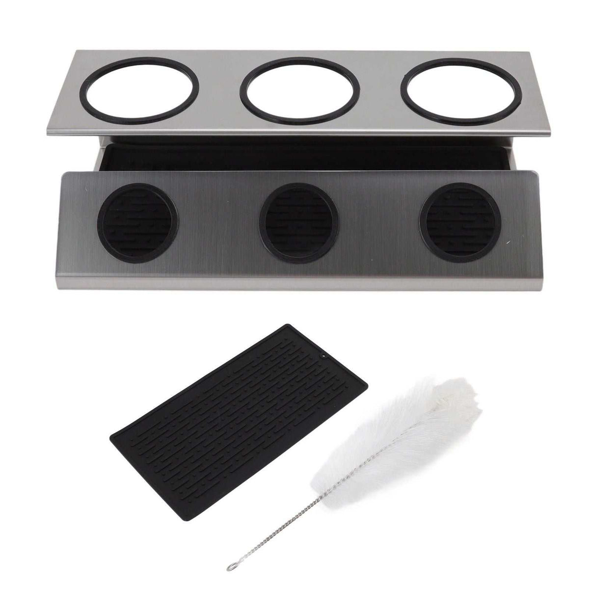 Bottle Drain Drying Rack in silver stainless steel with three circular bottle holders, black silicone drip tray and cleaning brush