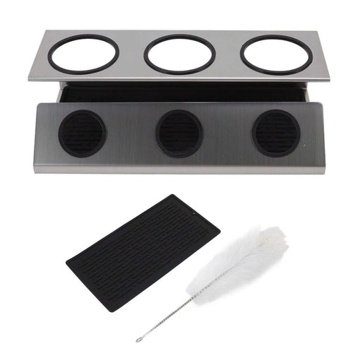Bottle Drain Drying Rack in silver stainless steel with three circular bottle holders, black silicone drip tray and cleaning brush