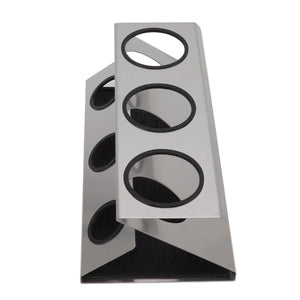 Bottle Drain Drying Rack in silver stainless steel with black silicone-lined openings and a three-tier angled frame