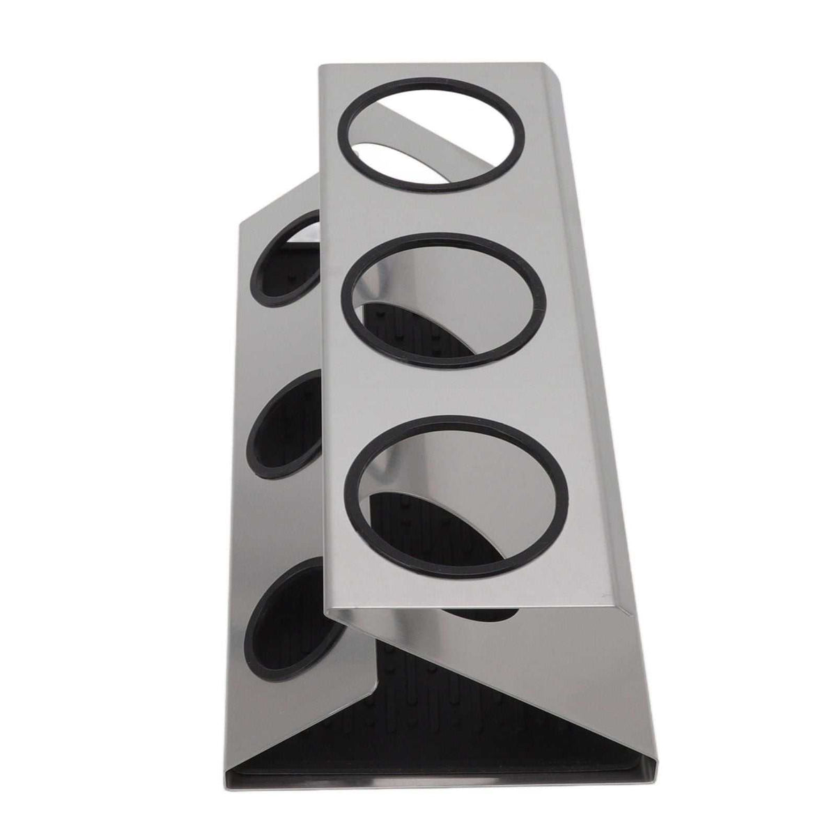 Bottle Drain Drying Rack in silver stainless steel with black silicone-lined openings and a three-tier angled frame