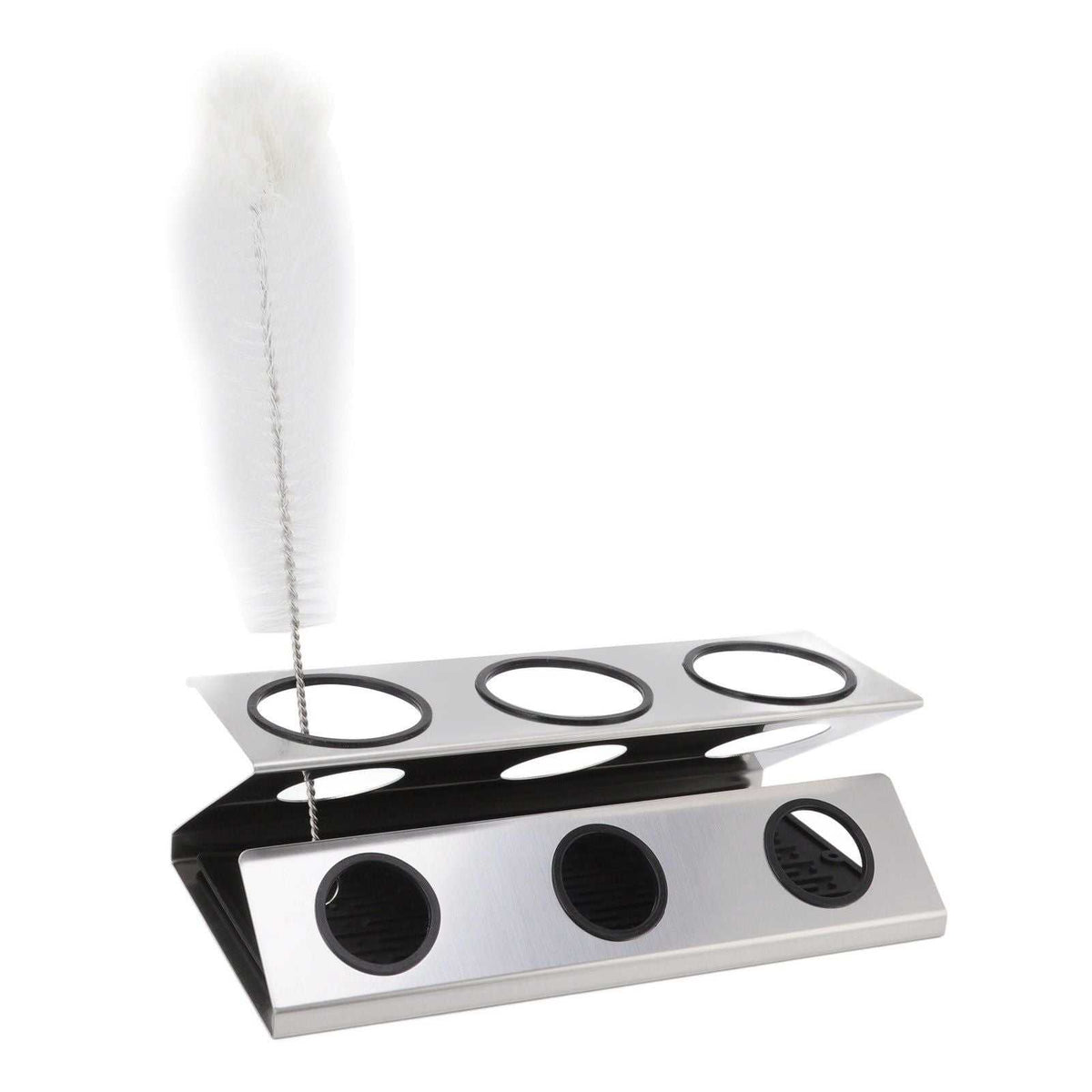 Bottle Drain Drying Rack with a silver metal stand, three circular openings and black silicone inserts, shown with a brush