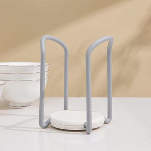 Bowl Organizer Multiple Functional retractable dish holder in grey and white plastic, with tall looped sides and a round base