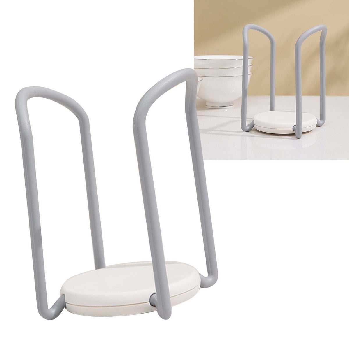Bowl Organizer Multiple Functional, retractable grey plastic dish holder with a white oval base and tall side handles