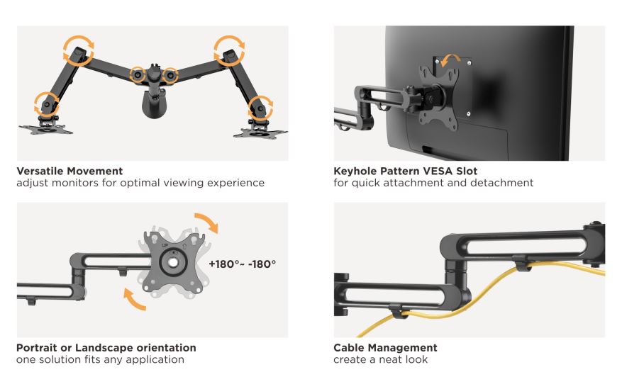 Brateck Dual Monitor Premium articulating monitor arm in black metal, with flexible joints, VESA mounts and cable management