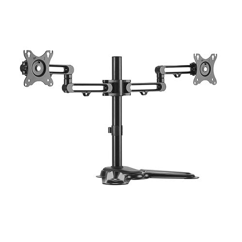 Brateck Dual Monitor Premium articulating arm in black metal, with two adjustable VESA mounts on a freestanding pole base