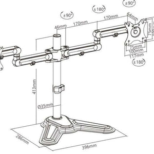 Brateck Dual Monitor Premium arm in black metal, with two adjustable articulated mounts, a central pole and freestanding base