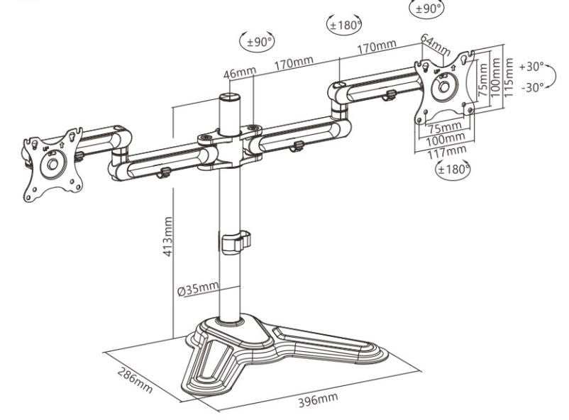 Brateck Dual Monitor Premium arm in black metal, with two adjustable articulated mounts, a central pole and freestanding base