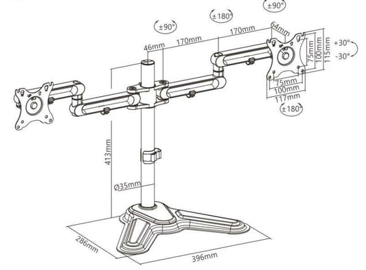 Brateck Dual Monitor Premium arm in black metal, with two adjustable articulated mounts, a central pole and freestanding base