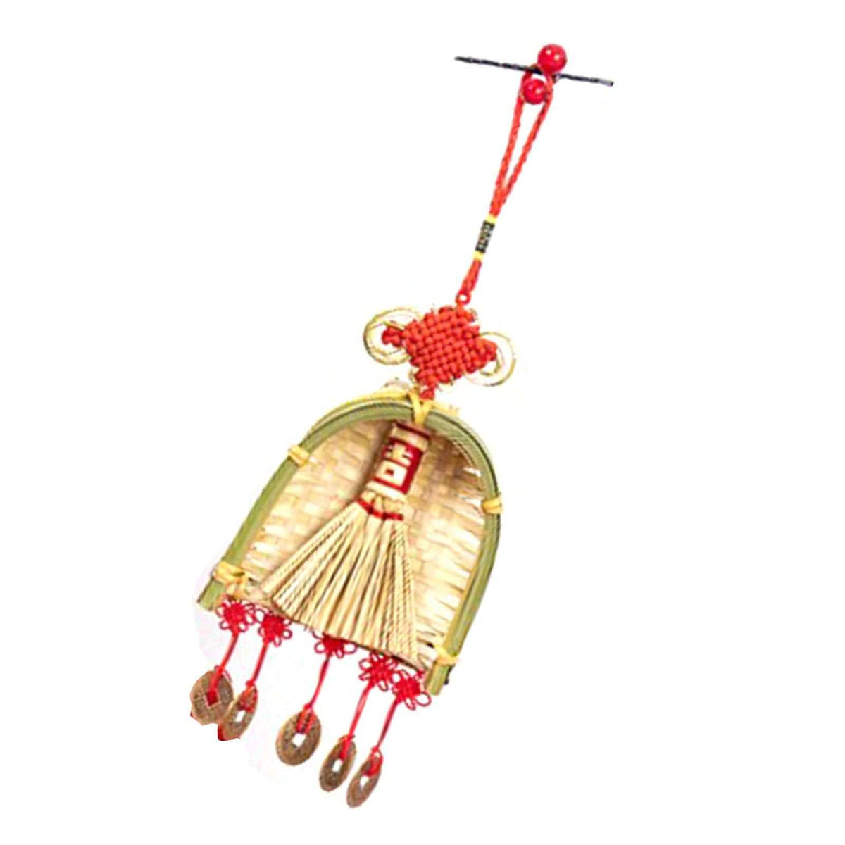 Broom Dustpan Decor ornament woven from pale golden grass, with a red tassel, Chinese knot and tiny charms