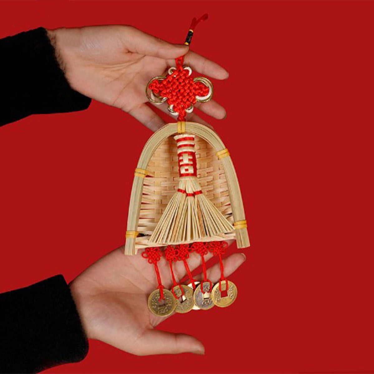 Broom Dustpan Decor hanging ornament in natural straw, with a woven dustpan, miniature broom, red knots and coin charms